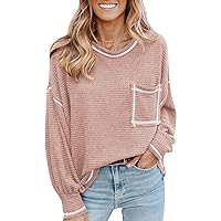 GRASWE Womens Waffle Knit Shirts Crewneck Solid Sweater Tops Long Sleeve Sweater Pullover