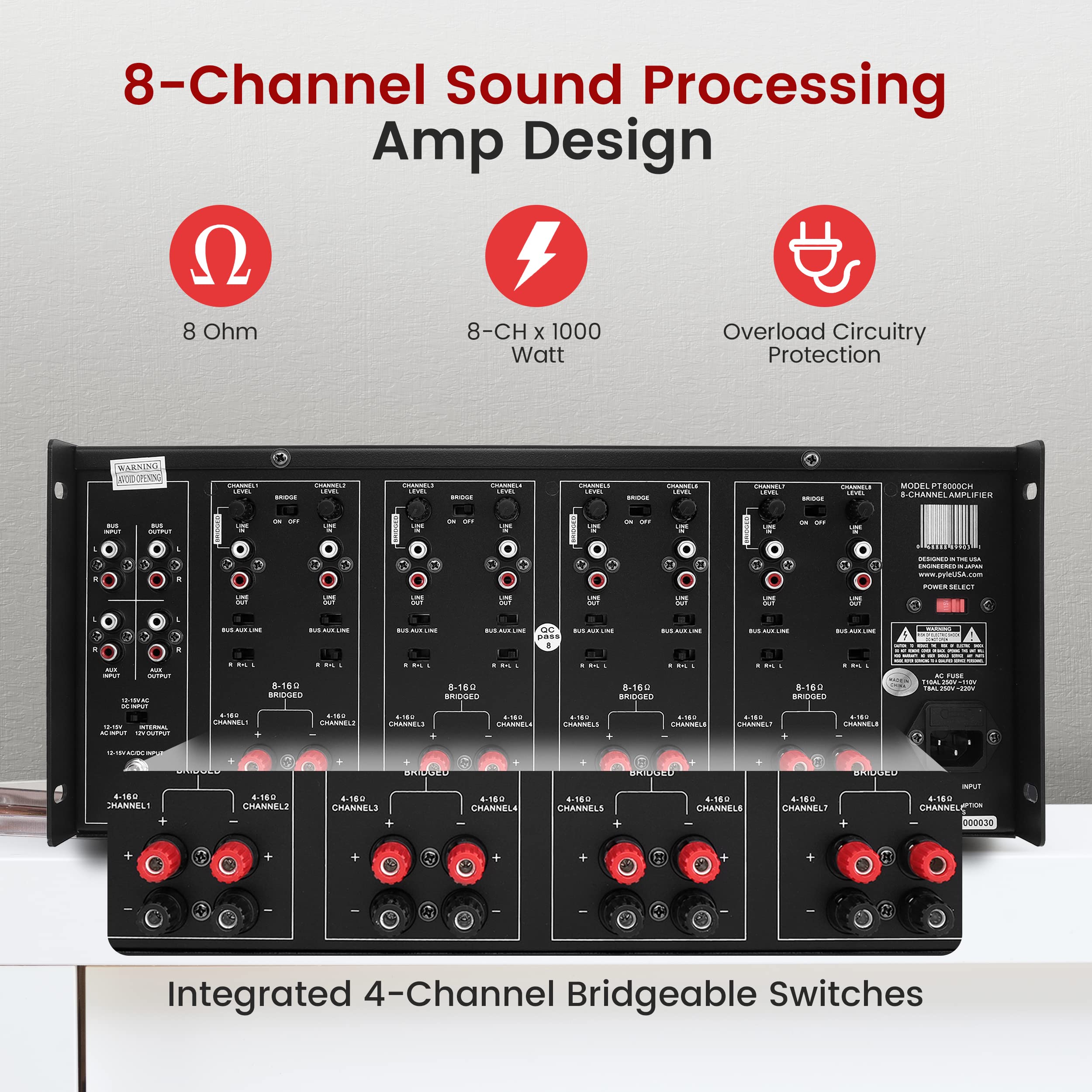 Pyle 4 Multi-Zone Stereo Amplifier - 19” Rack Mount, Powerful 8000 Watts with Speaker Selector Volume Control & LED Audio Level Display - 4-Ch. Bridgeable Switches - Pyle PT8000CH