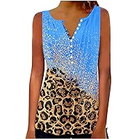 Women Chinese Button V Neck Pullover Summer Leopard Tunic Tank Tops Trendy Pleated Print Casual Sleeveless T-Shirts