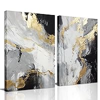 GLOKAKA Abstract Wall Art Canvas Print Textured Grey White and Gold Painting Picture Contemporary Artwork for Bathroom Bedroom Living Room Office Decor,Set of 2