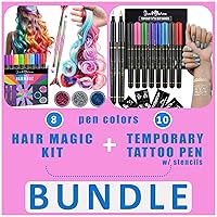 Jim&Gloria Dustless Hair Chalk Include Hair Extensions, Mermaid Brushes Glitters (Set of 17) Plus Temporary Fake Tattoo Pen 10 Colors With Gold and Silver colors