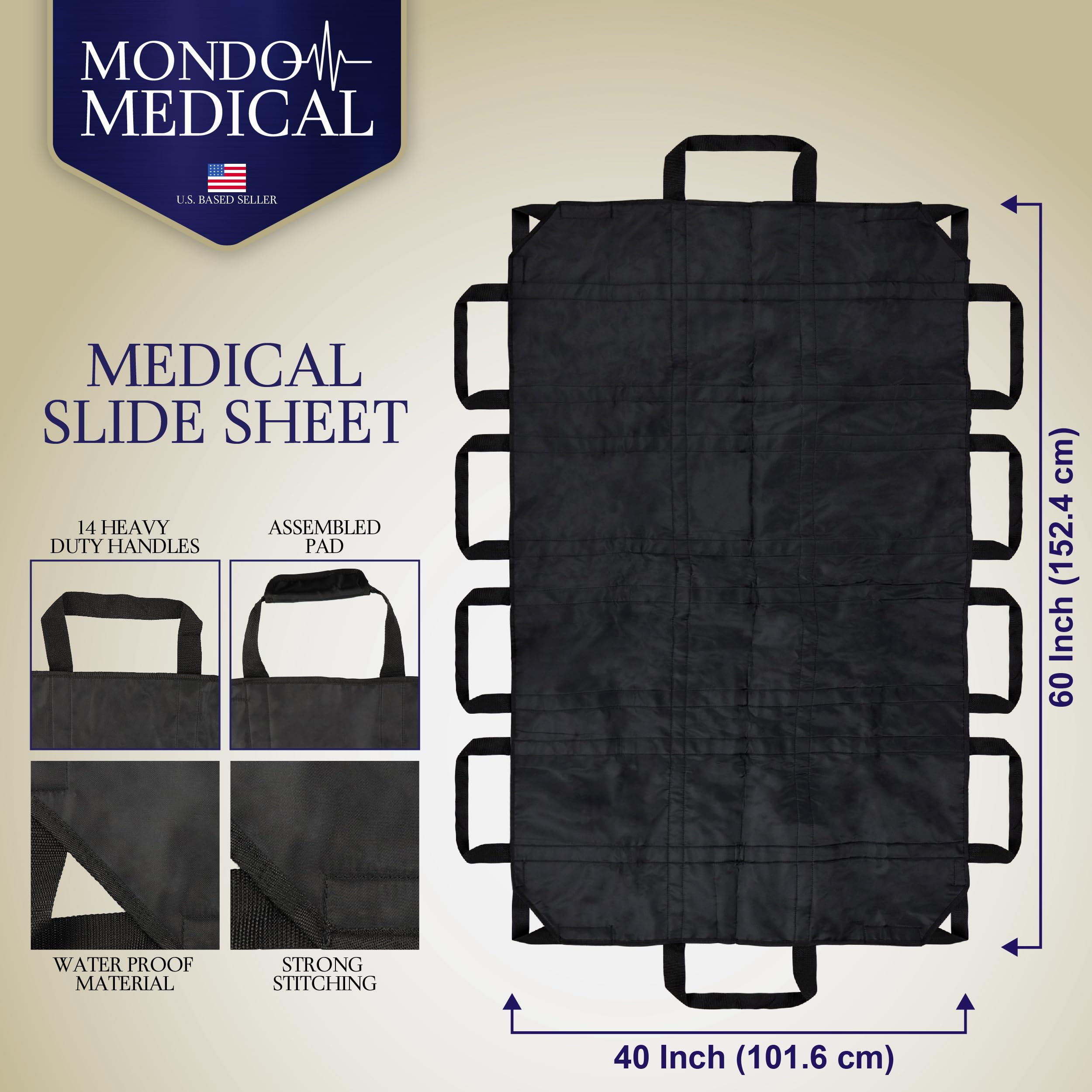 Mondo Medical Washable Bed Pads Elderly Assistance Products 450lbs - 60x40in Draw Sheet Positioning Bed Pad with Handles - Caregiver Supplies Black Slide Sheets for Bedridden Patients with Case