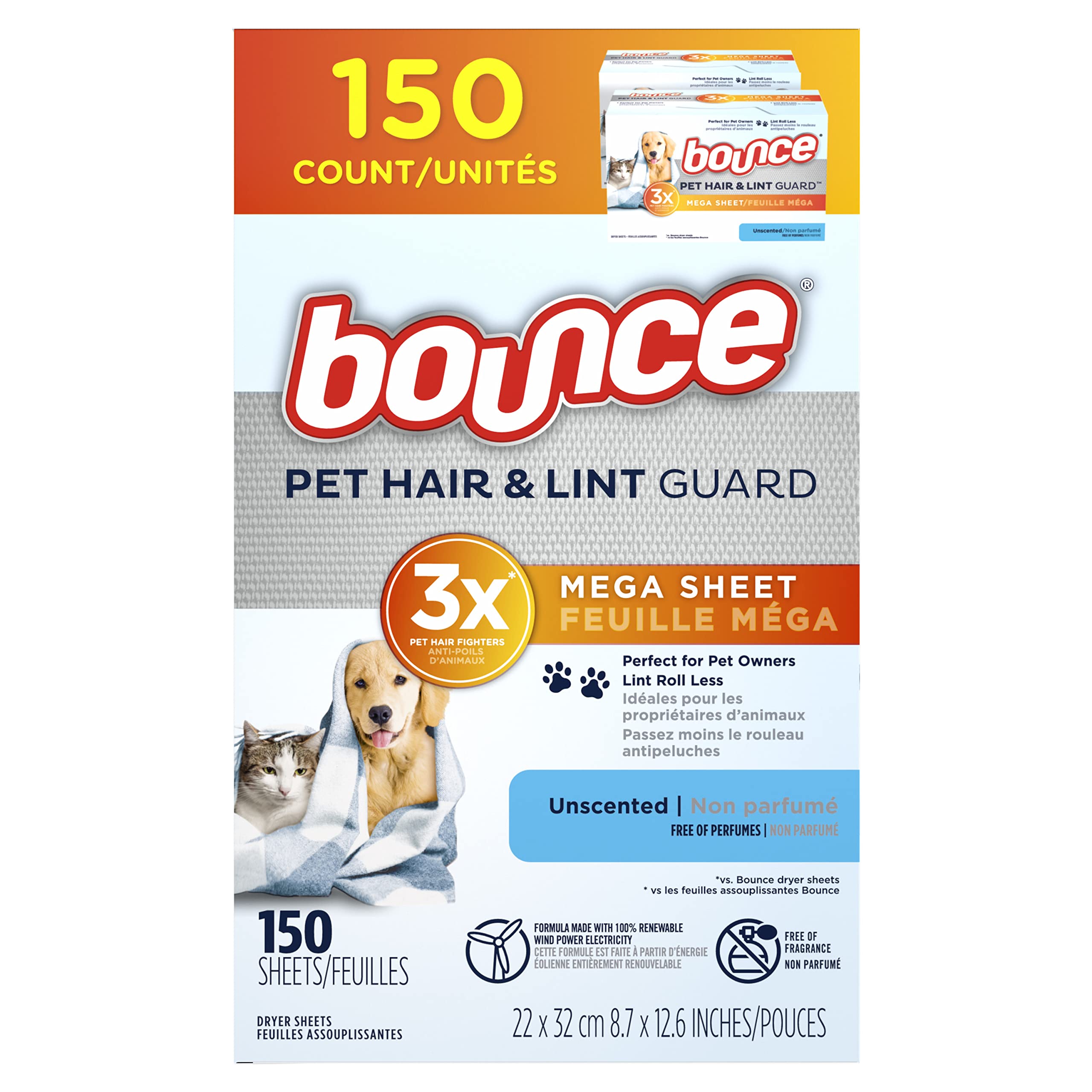 Bounce Pet Hair and Lint Guard Mega Fabric Softener Dryer Sheets with 3X Pet Hair Fighters, Unscented, 150 Count
