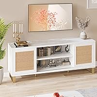 IDEALHOUSE TV Stand Rattan Entertainment Center for 65 Inch TV Modern TV Console Table White Low TV Stand with Storage, Doors and Shelves, TV Console Media Cabinet Furniture for Living Bedroom