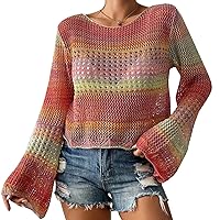 Flygo Womens Hollow Out Long Sleeve Pullover Sweater Colorblock Boat Neck Knit Sweater Crop Top Beach Cover Ups