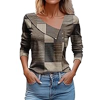 Women's Long Sleeve Blouses Casual Fashion Printed Lapel V Neck Button Pullover Top Flannel Shirts, S-3XL