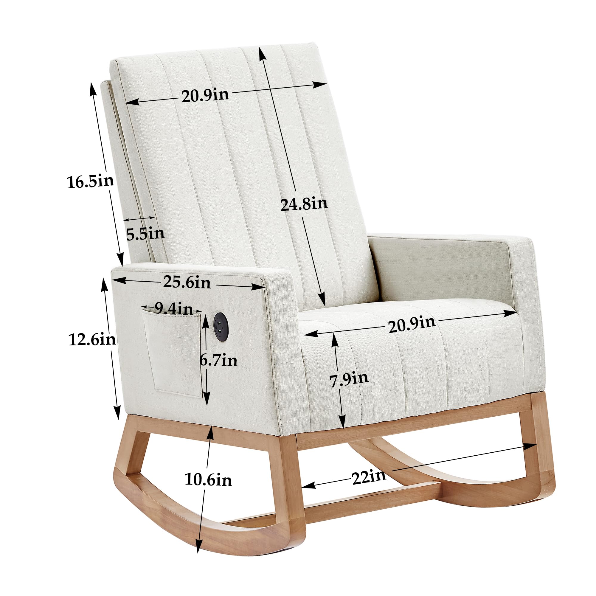 VECELO Rocking Chair, Upholstered Glider Rocker for Nursery Comfy Armchair with Safe Solid Wood Base/USB Port/Side Pocket for Living Room Bedroom Balcony Home Office, Off-White