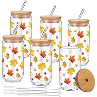 6 Pcs Thanksgiving Glass Coffee Cups with Lids and Straw 16 oz Maple Beer Glass Cup Pumpkins Can Fall Iced Drinking Cup Fall Decor for Thanksgiving Gift Autumn (Rustic Style)