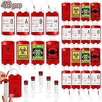 Garma 48 Pack Halloween Blood Bags for Drinks, 8 Design IV Bag for Drinks Reusable Drink Pouches Containers Jello shot Syringes and Clips Pouch Prop for Vampire Zombie Hospital Theme Party Supplies