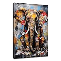 Elephant Canvas Wall Art Colorful Abstract Poster Painting Artwork Street Graffiti Picture Print Wall Decor for Home Bathroom Bedroom Hallway Workplace Wooden Framed Ready to Hang [12''Wx 18''H]