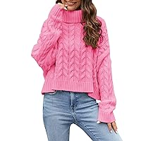 Hot Pink Sweater for Women Turtleneck Cable Knit Loose Fuzzy Knit Chunky Warm Pullover Sweater Top