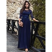 Dresses for Women Floral Lace Bodice Ribbon Waist Pleated Prom Dress (Color : Navy Blue, Size : Small)