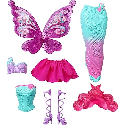 Barbie Doll with 3 Fantasy Outfits & Accessories, Including Mermaid Tail & Fairy Wings, Candy Theme (Amazon Exclusive)