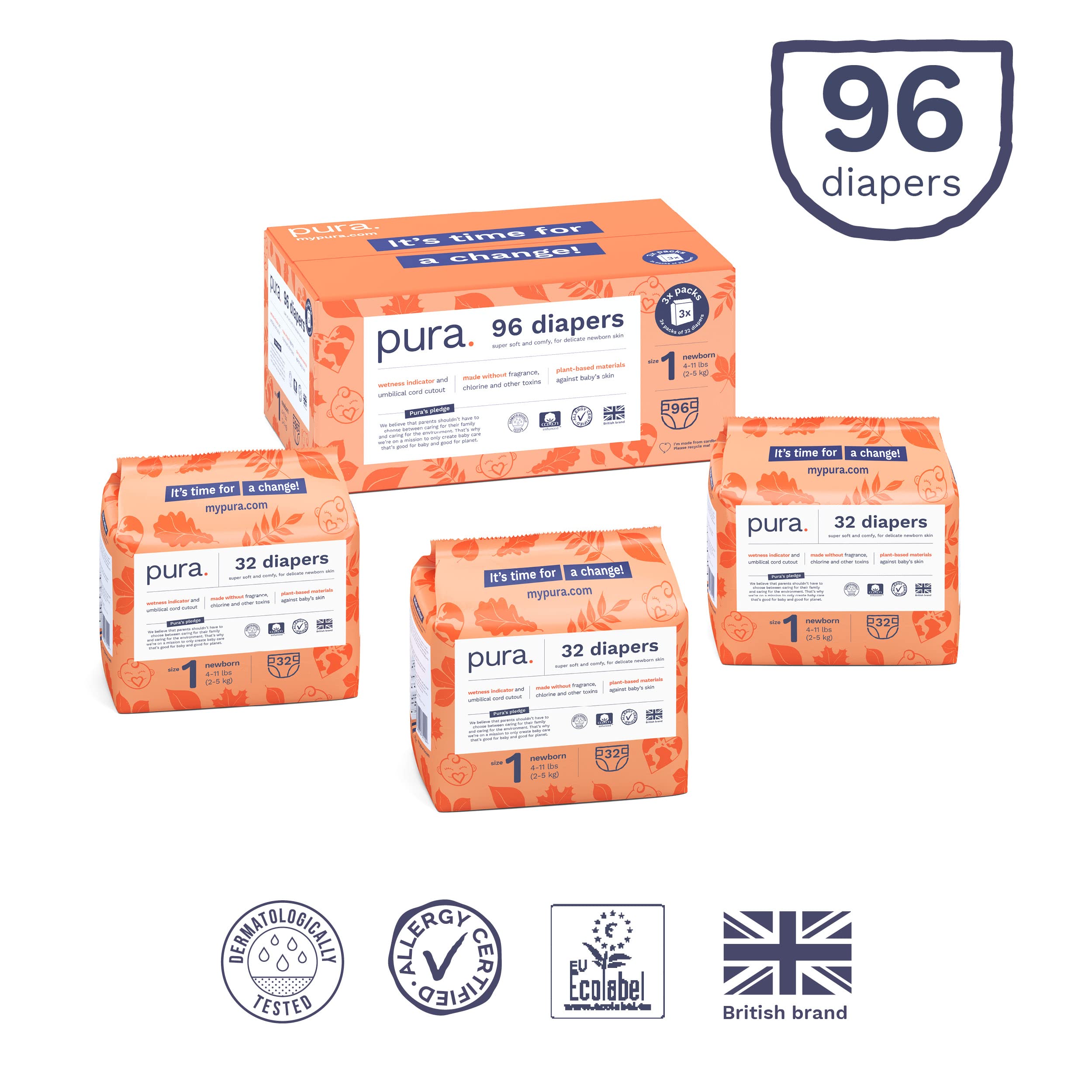 Pura Size 1 Eco-Friendly Diapers (4-11lbs) Hypoallergenic, Soft Organic Cotton Comfort, Sustainable, Wetness Indicator Allergy UK, Recyclable Paper Packaging. 3 Packs of 32 (96 Baby Diapers)