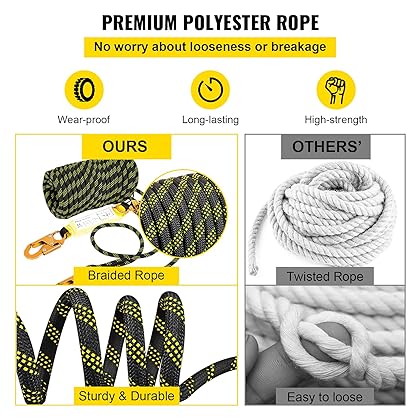 VEVOR Vertical Lifeline Assembly, Fall Protection Rope, Polyester Roofing Rope, CE Compliant Fall Arrest Protection Equipment with Alloy Steel Rope Grab, Two Snap Hooks, Shock Absorber