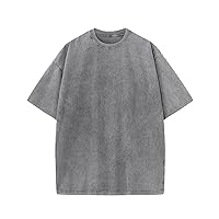 Flygo Cotton Oversized T Shirts Acid Washed Unisex Tee Loose Fit Short Sleeve Casual Streetwear Baggy Basic Tops Grey