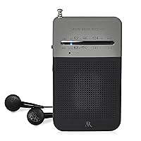 Acoustic Research Portable AM/FM Radio – Black and Grey Rubberized Finish with Belt Clip, Built-in Speaker and Earbuds; Battery Operated