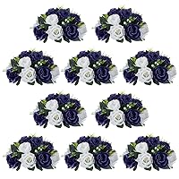 Artificial Flower Centrepieces for Tables - 10 Pcs Navy Blue & White Fake Flowers Roses Balls 9.5in Diameter - Silk Faux Rose Arrangement for Wedding Party Centerpiece Table Decorations