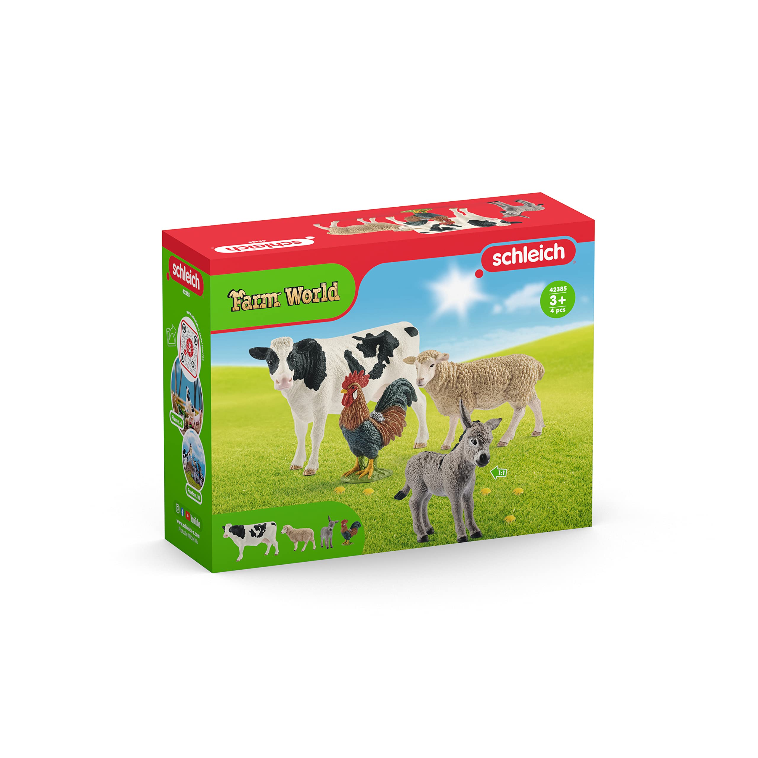 Schleich Farm World - Starter Set, Includes 4 x Collectible Toy Farm Animals, Cow, Sheep, Donkey Foal and Rooster Farm Animal Toys for Kids Ages 3+