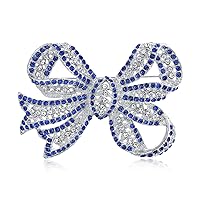Victorian Vintage Style Winter Wedding Holiday Royal Blue White Glittering Crystal Pave Bridal Fashion Large Statement Filigree Ribbon Bow Scarf Brooch Pin For Women Silver Rose Plated