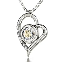 925 Sterling Silver Heart Necklace Ayatul Kursi Pendant 24k Gold Inscribed on Crystal, 18