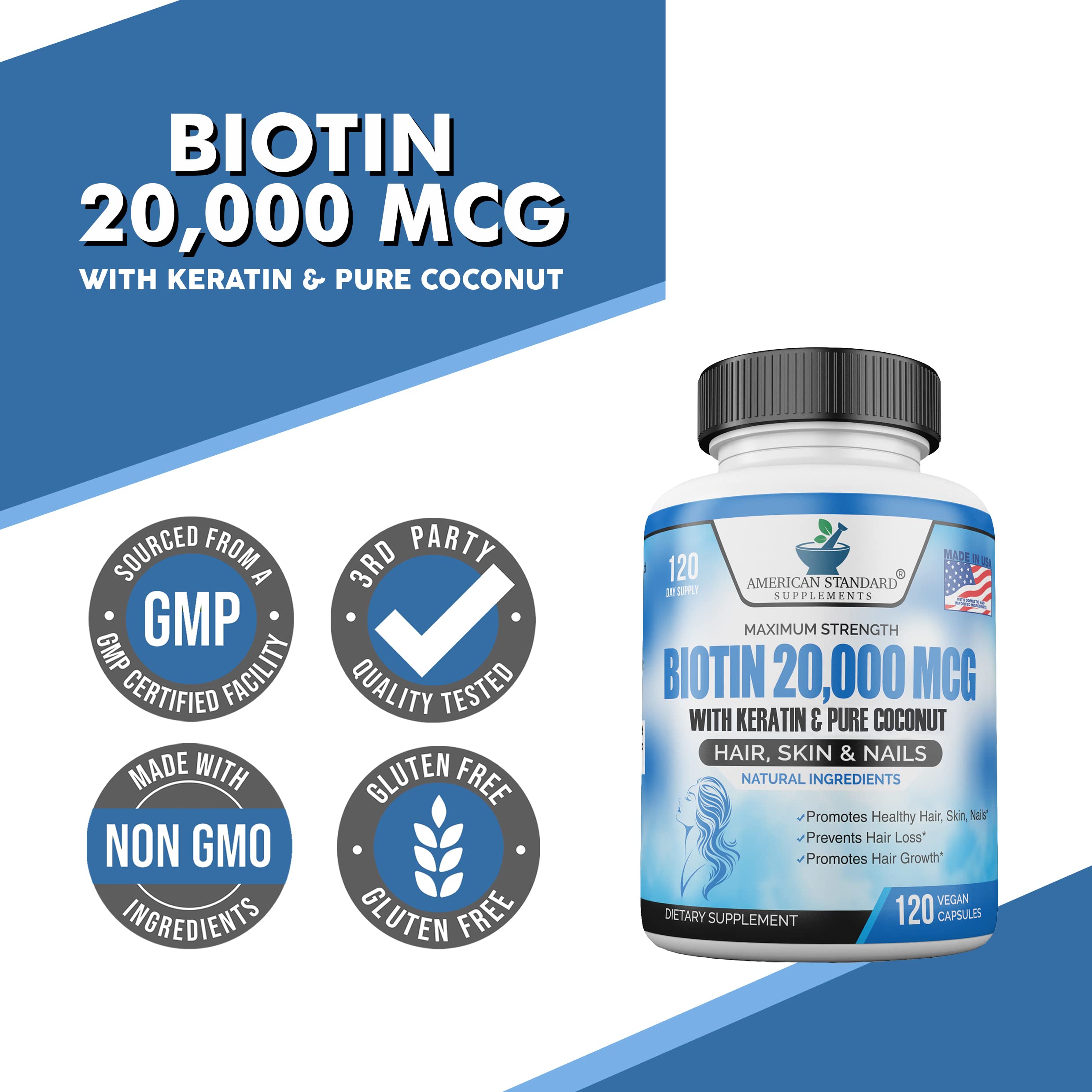 Mua Biotin 20,000mcg with Keratin, Organic Coconut and Zinc, Hair Growth  Supplements, Biotin Supplements, Healthy Hair Skin & Nails for Adults, No  Filler, No Stearate, 120 Vegan Capsules, 120 Day Supply trên