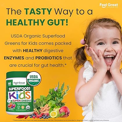 Certified USDA Organic Superfood Greens for Kids Berry Juice Powder by Feel Great Vitamin Co. | Prebiotics, Probiotics & Digestive Enzymes | Vegan, Gluten-Free & Dairy-Free w/Immune Support*