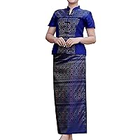 RaanPahMuang Luxurious Thai Silk Dress Chinese Front Cut Stitch Outfit