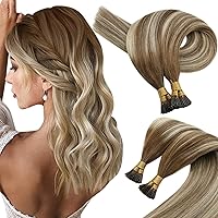 Sunny I Tip Hair Extensions Medium Brown Balayage Platinum Blonde with Highlight Bundle with U Tip Hair Extensions Same Color 20inch