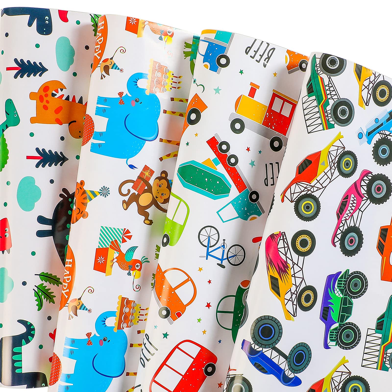 BULKYTREE Birthday Wrapping Paper for Boys Kids, 12 Sheets Dinosaur, Monster Truck, Happy Animals Design Gift Wrap for Kids Birthday, Baby Shower and Holiday - 20 x 29 Inch Per Sheet