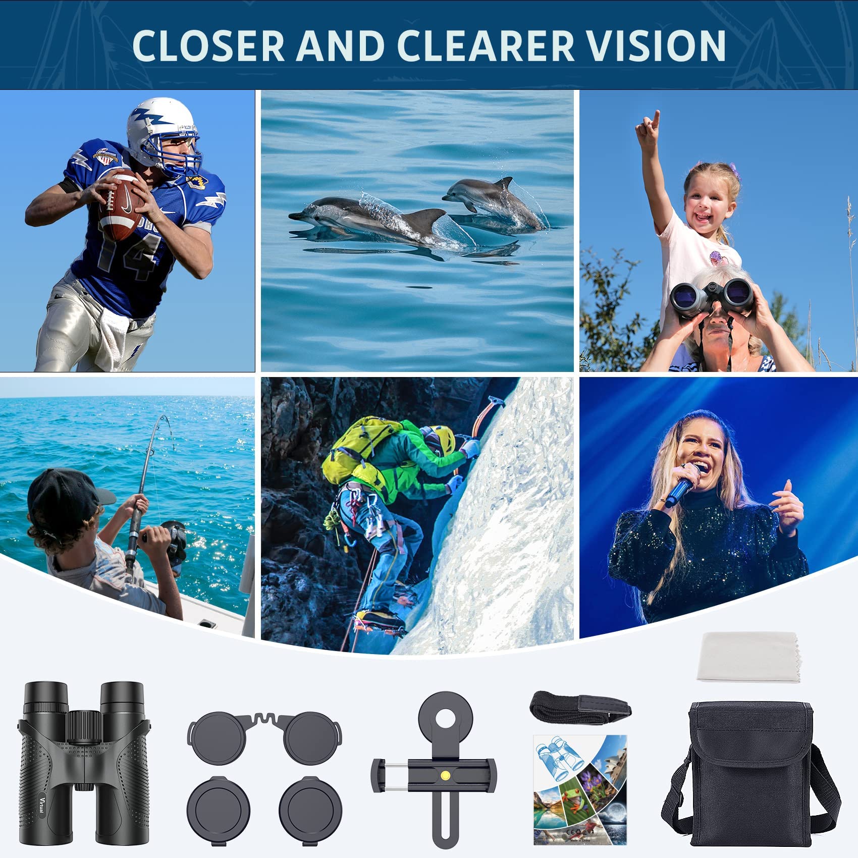 12X42 HD Binoculars for Adults, Virtual High Power Binoculars with BaK4 Prisms FMC Lens, IPX7 Waterproof Binoculars with Phone Adapter Binoculars for Bird Watching, Hunting, Hiking, Travel, Concert
