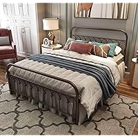 TUSEER Metal Bed Frame Queen Size with Vintage Headboard and Footboard Platform Base Wrought Iron Double Bed Frame (Queen, Antique Brown)