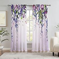 Purple Living Room Curtains 84 inches Long Wisteria Floral Curtains Light Filtering Curtains for Bedroom Spring Flower Green Leaves Botanical Curtains Farmhouse Country Window Treatment, 2 Panels