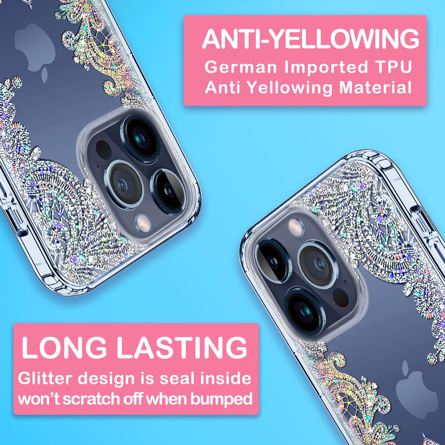 Coolwee Anti Yellowing Clear Glitter for Apple iPhone 15 Pro Max Case Floral, 6.7 inch, 6.6ft Military Grade Protecctive Cute Mandala Crystal Bling Lace Flower Slim TPU with Camera & Screen Protector