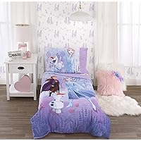 Frozen 2 Lavender, Light Blue and Purple Forest Spirit 4 Piece Toddler Bed Set - Comforter, Fitted Bottom Sheet, Flat Top Sheet, Reversible Pillowcase
