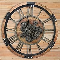 27 inch Large Real Moving Gears Wall Clock with Toughened Glass Cover, Oversized Vintage Solid Wood Farmhouse Clock, Giant Decorative Rustic Wall Clock for Living Room Home Kitchen Office (Brown)