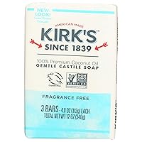 Kirk's Castile Bar Soap Clean Soap for Men, Women & Children | Premium Coconut Oil | Sensitive Skin Formula, Vegan | Fragrance-Free/Unscented | 4 oz. Bars - 3 Pack