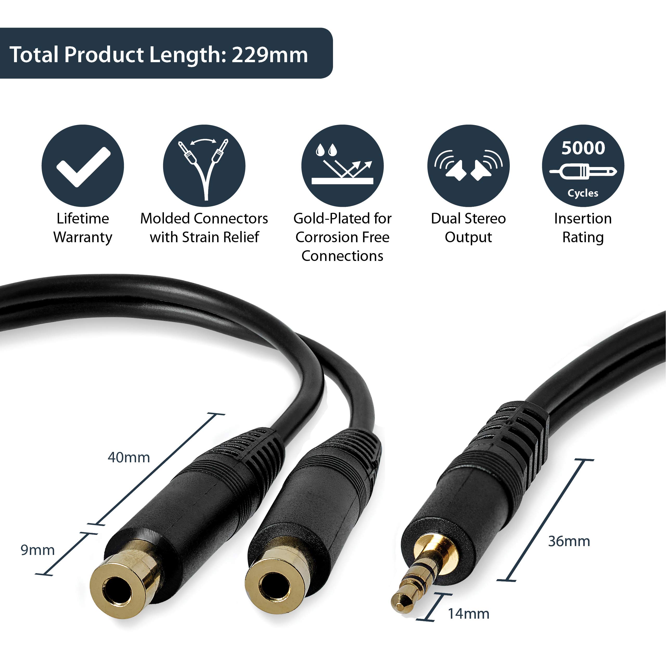 StarTech.com 6 in. 3.5mm Audio Splitter Cable - Stereo Splitter Cable - Gold Terminals - 3.5mm Male to 2x 3.5mm Female - Headphone Splitter (MUY1MFF),Black