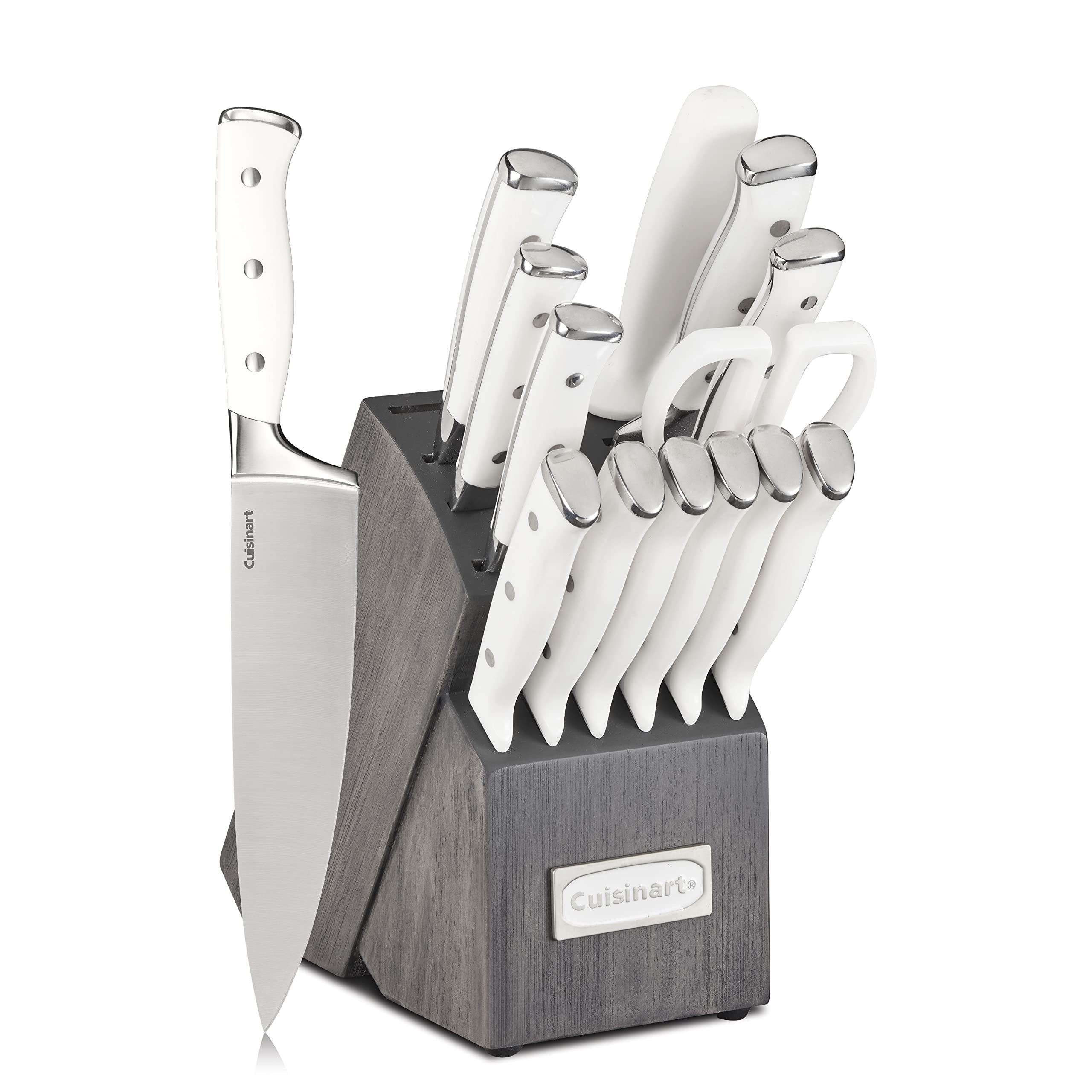Cuisinart Forged Triple Rivet, 15-Piece Knife Set w/ Block, Superior High-Carbon Stainless Steel Blades for Precision & Accuracy, White/Charcoal Grey