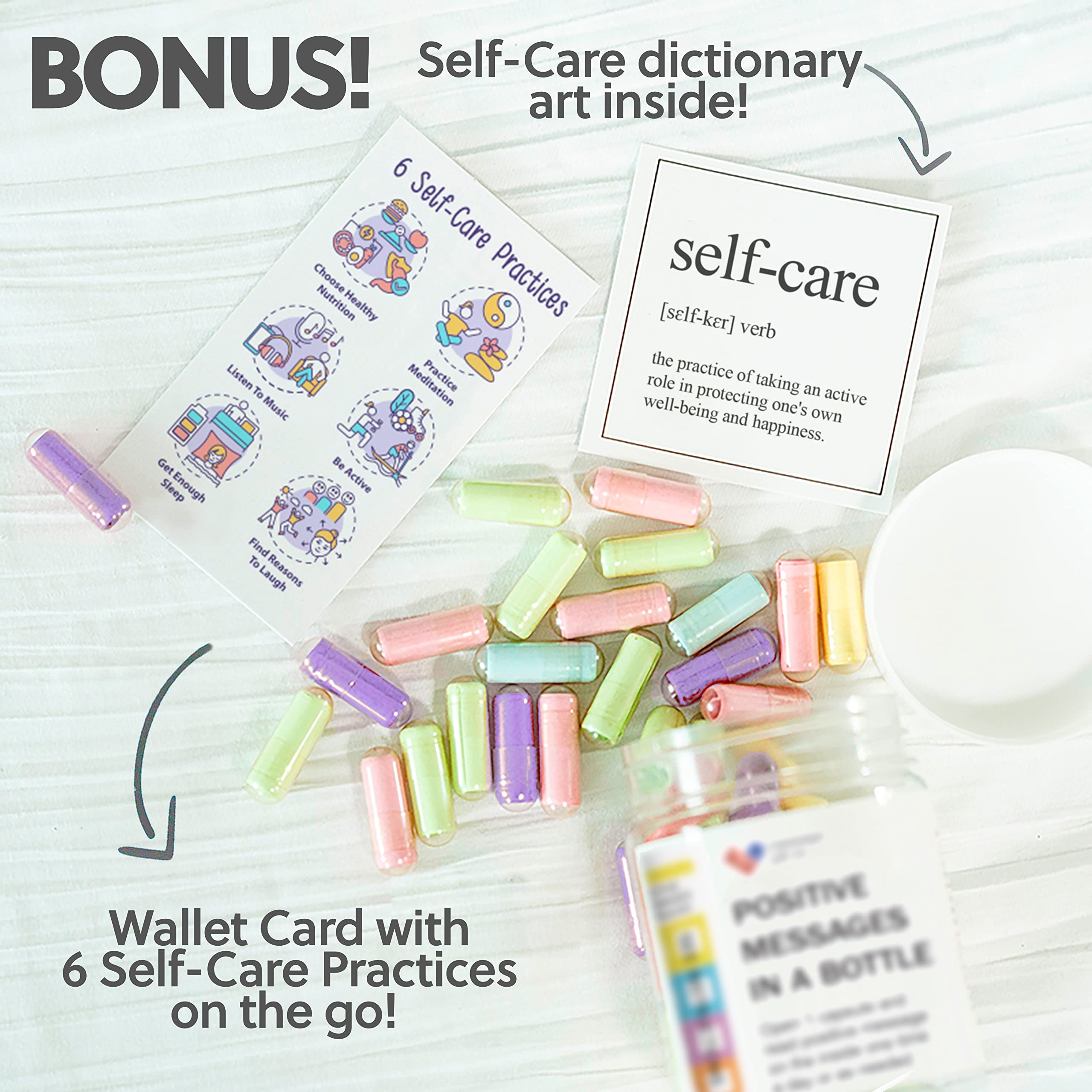 MESSAGE PILL CO. Self Care Gifts - 50 Positive Affirmations Get Well Soon Gifts for Women and Men Stress Relief. Self Care Kit with Daily Messages for Meditation, Mindfulness & Relaxation