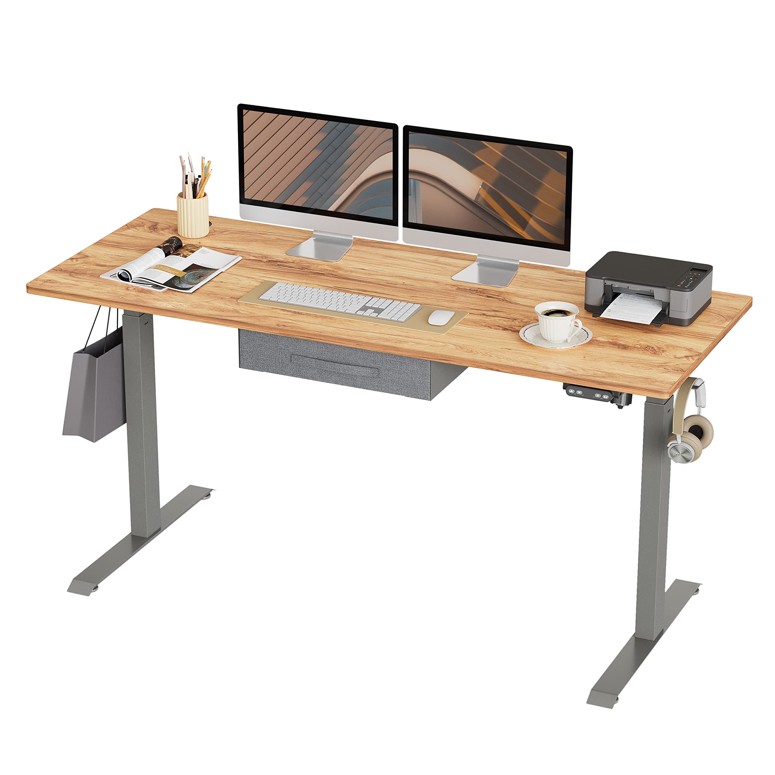 BANTI Adjustable Height Standing Desk with Drawers, 63x24 Inches Electric Stand Up Desk, Sit Stand Home Office Desk with Gray Frame/Light Rustic Br...