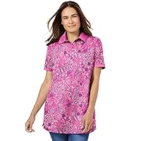 Woman Within Women's Plus Size Perfect Printed Short-Sleeve Polo Shirt