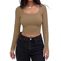 MEROKEETY Women's Long Sleeve Square Neck Crop Top Ribbed Slim Fitted Y2K Casual T-Shirt Tops