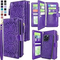 Harryshell Compatible with iPhone 15 Pro 5G 6.1 inch 2023 Wallet Case Detachable Removable Phone Cover Zipper Cash Pocket Multi Card Slots Wrist Strap Lanyard (Floral Purple)