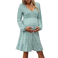 KOJOOIN Women's Maternity Smocked Long Sleeve Ruffle Dress V Neck Fall Casual Flowy Midi Dress for Baby Shower Photoshoot