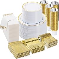 700PCS Gold Disposable Dinnerware Set (100 Guests), Plastic Plates for Party, Wedding, Party Supplies Include: 200 Plastic Plates, 100 Gold Silverware, 100 Cups, 100 Napkins