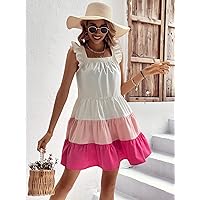 Women's Dress Dresses for Women Colorblock Ruffle Trim Smock Dress Dresses for Women (Color : Hot Pink, Size : Large)