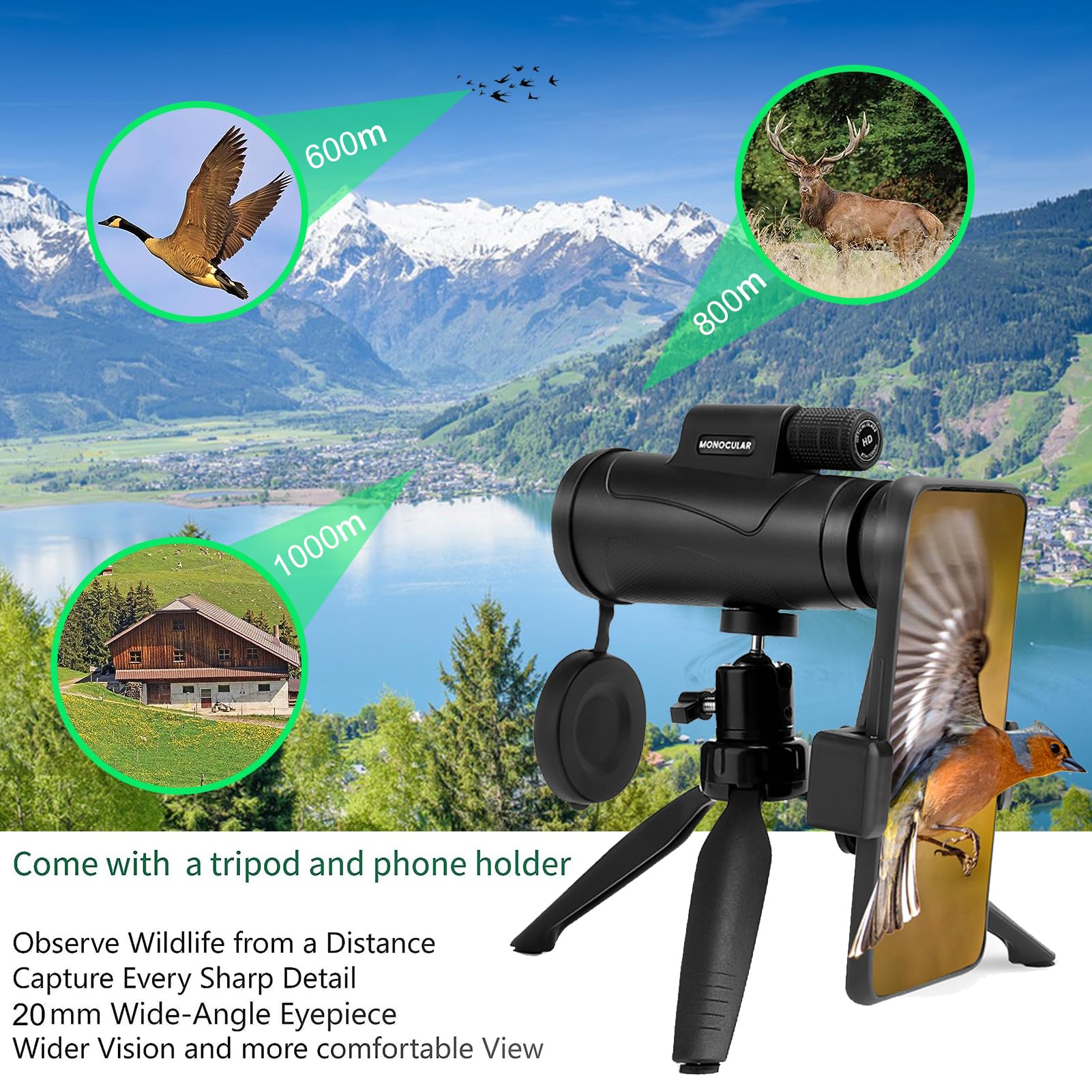 80x100 HD Monoculars Telescope for Adults High Powered with Smartphone Tripod & BAK4 Prism for Birdwatching/Hunting/Camping/Concert Travelling