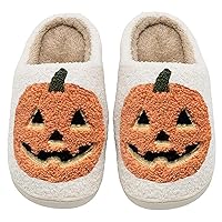 Halloween Pumpkin Slippers for Womens Mens Plush Warm Spooky Lantern Pumpkin Slippers House Shoes