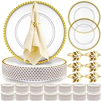 50 Set Clear Charger Plates Bulk 13 Inch Beaded Plastic Charger Plates with Napkin Rings Acrylic Round Dinner Chargers Table Decorative Plates for Party Wedding Thanksgiving (Clear and Gold)